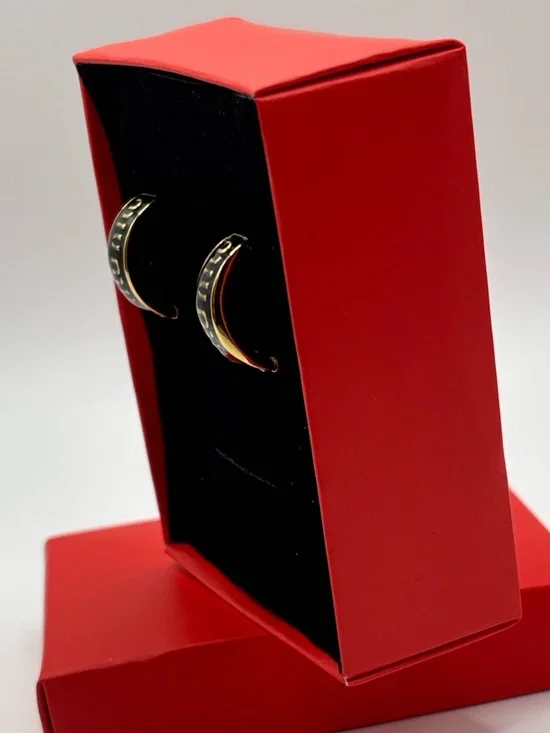 Luxury Designer Gold Tone Small Hoop Earrings Black Enamel Polished Logo Accent - Picture 4 of 15